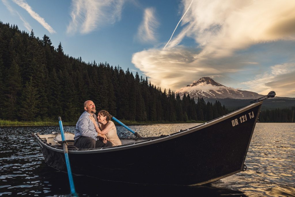 Trillium Lake Engagement Photos on a boat